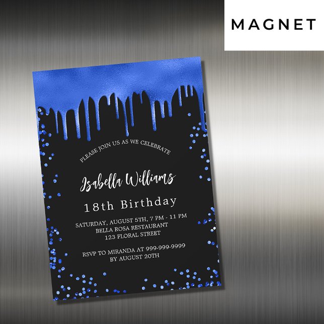 Invitación Magnética Nacimiento azul real negro gotea lujo (Subido por el creador)