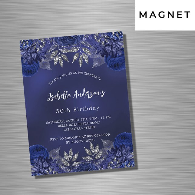 Invitación Magnética Nacimiento flores azul marino lujo elegante (Subido por el creador)