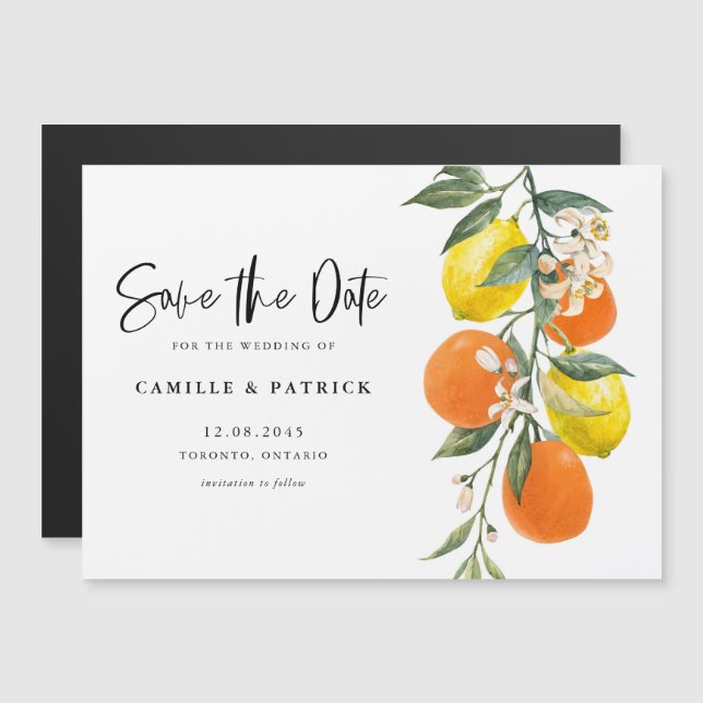 Invitación Magnética Naranja botánico y Lemon Garland Salven la fecha (Anverso/Reverso)
