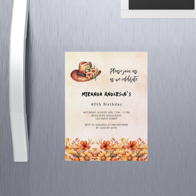 Invitación Magnética Naranja de cumpleaños flores boho gorra de cowgirl (Subido por el creador)