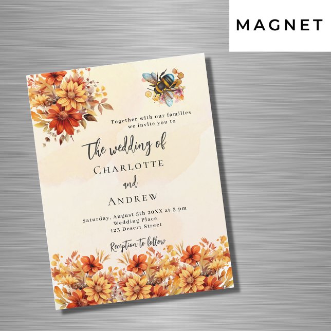 Invitación Magnética naranja quemado boda otoño florals abeja lujo (Subido por el creador)