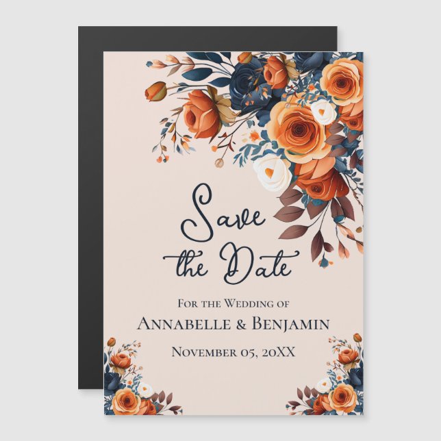 Invitación Magnética Naranja quemado rústico y boda azul salvan la fech (Anverso/Reverso)