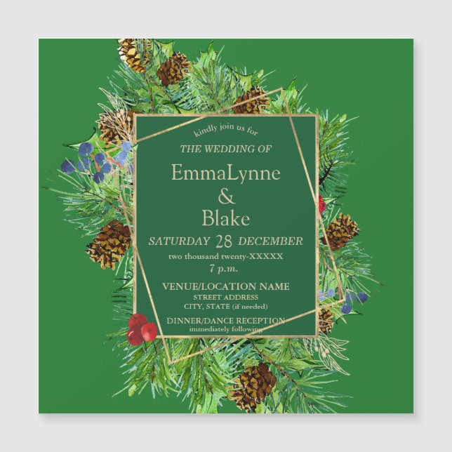 Invitación Magnética Navidades de lujo Greenery Gold Boda (Anverso)