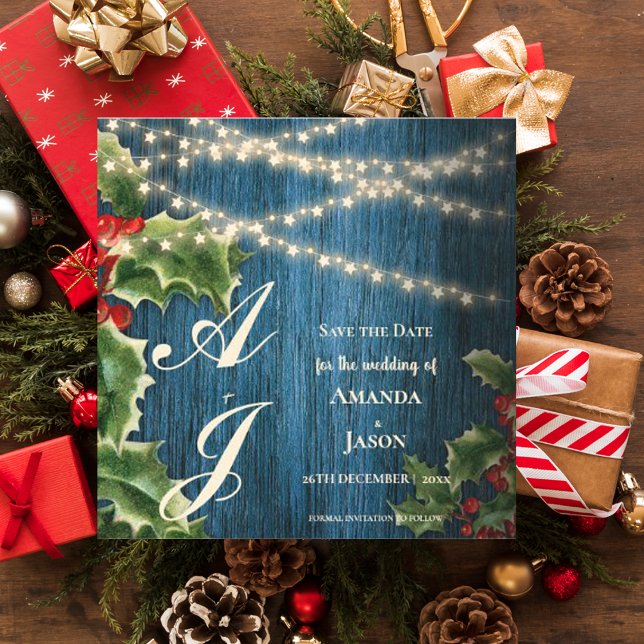 Invitación Magnética Navidades en Monograma de Madera Azul Boda Salven  (Blue Wood Monogram Christmas Wedding Save The Date Magnetic Invitation)
