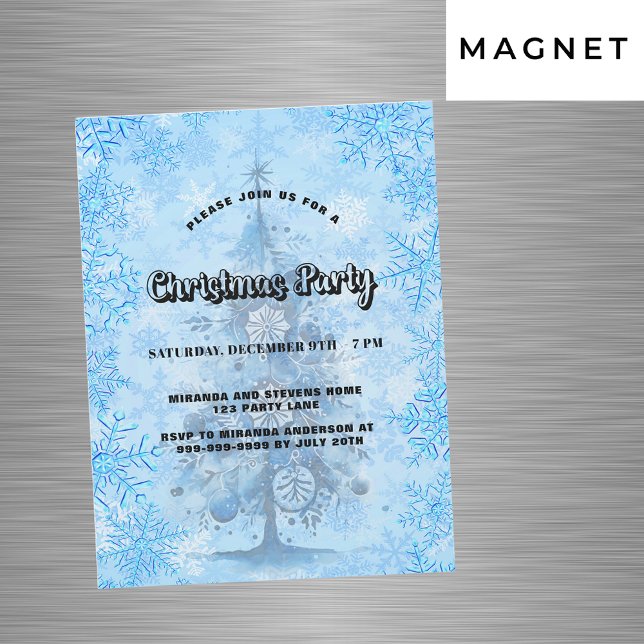 Invitación Magnética Navidades fiesta árbol azul copos de nieve lujo (Subido por el creador)