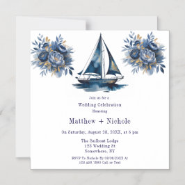 Invitación Magnética Navy Blue and Gold Sailboat Nautical Wedding