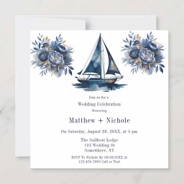 Invitación Magnética Navy Blue and Gold Sailboat Nautical Wedding (Anverso)