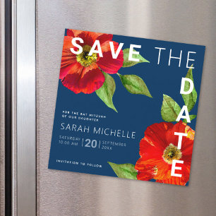 Invitación Magnética Navy Blue Bat Mitzvah Save Date Floral Watercolor