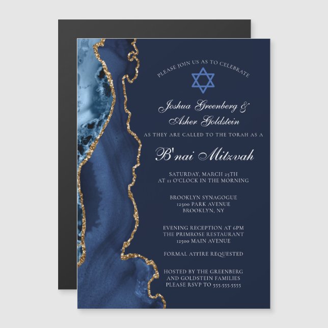 Invitación Magnética Navy Blue Gold B'nai Mitzvah Elegante Fiesta (Anverso/Reverso)