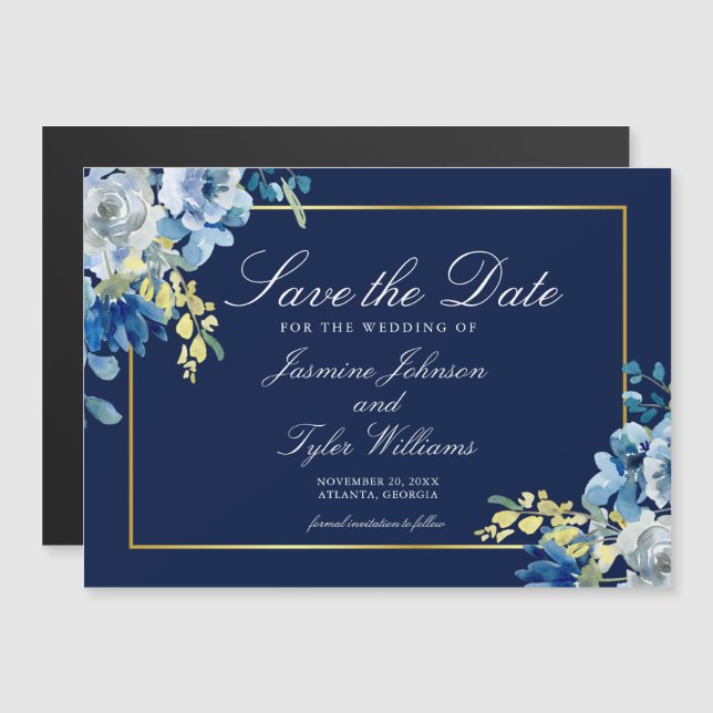 Invitación Magnética Navy Blue Gold Floral Elegant Winter Save the Date (Anverso/Reverso)