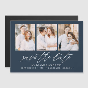 Invitación Magnética Navy Elegant Script 3 Foto Collage Salva la Fecha
