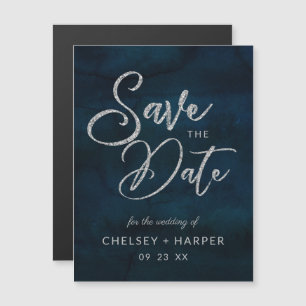 Invitación Magnética Navy Luster Dark Blue Silver Wedding Salven la fec