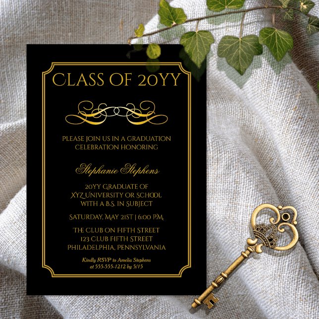 Invitación Magnética Negro elegante | Fiesta de graduación I de la Univ (Elegant Black and Gold Tone College | University Graduation Announcement Party Magnetic Invitation)