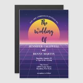 Invitación Magnética Neon Purple Retro 80 Synthwave Sunset Boda