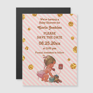 Invitación Magnética Niña Bebé En El Confetti Gold Ahorra La Fecha