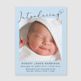 Invitación Magnética Niño presentando el anuncio del nacimiento de la f