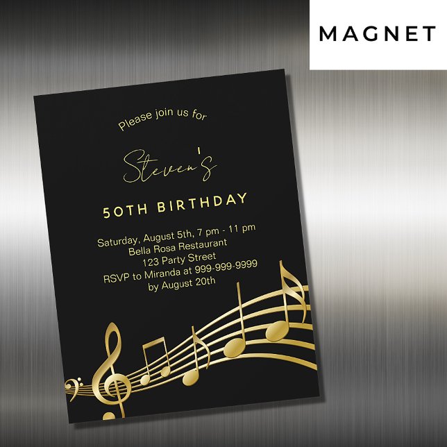 Invitación Magnética Notas de la música de oro negro de cumpleaños (Subido por el creador)