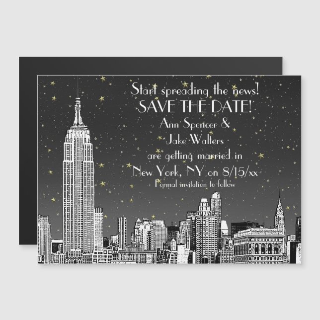 Invitación Magnética NYC Skyline 01 Etched Black Starry Save the Date (Anverso/Reverso)