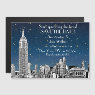 Invitación Magnética NYC Skyline 01 Etched Blue Starry Save the Date