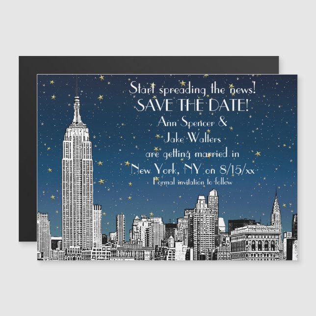 Invitación Magnética NYC Skyline 01 Grabado Estrella Azul Salva la Fech (Anverso/Reverso)