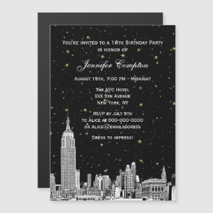 Invitación Magnética NYC Skyline Grabado Estrellado DIY BG Color SQ Swe