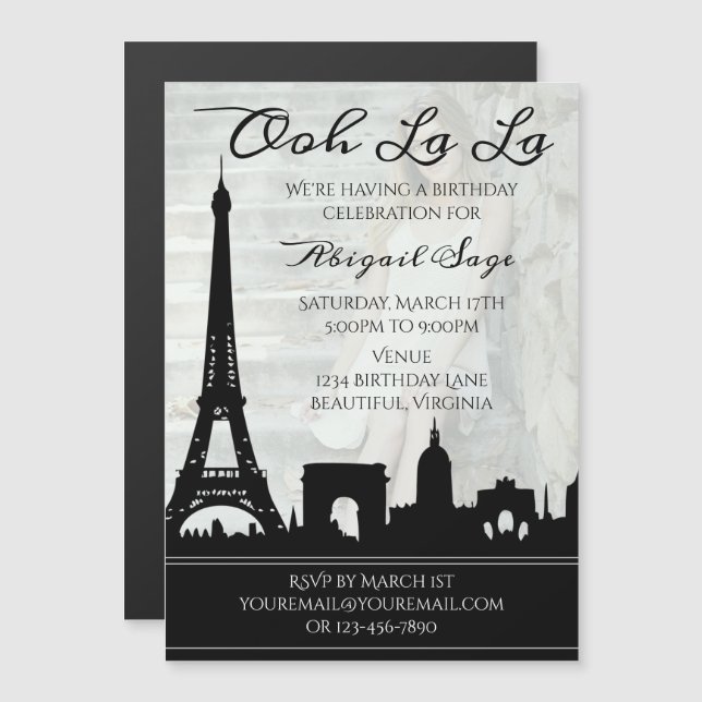 Invitación Magnética Ooh La La Paris Skyline Photo Birday Party (Anverso/Reverso)