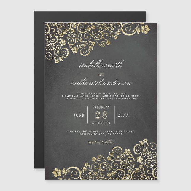 Invitación Magnética Ornamento de oro en la pizarra | Boda moderno (Anverso/Reverso)