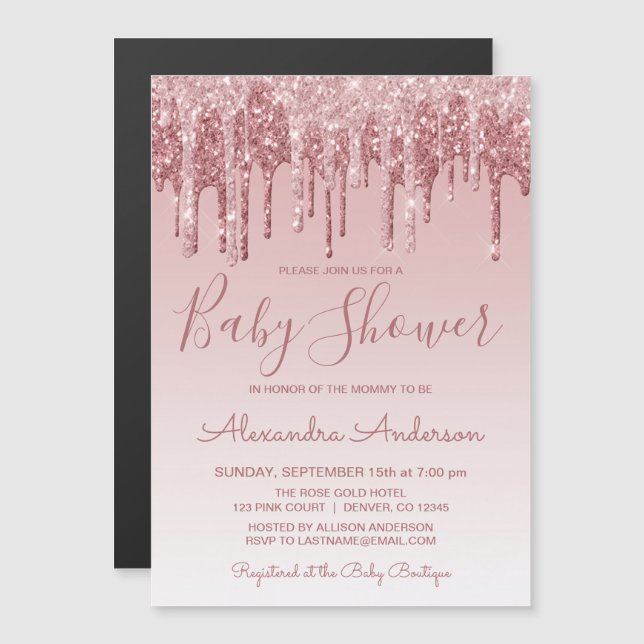 Invitación Magnética Oro rosa | Baby Shower Purpurina de parkol rosado (Anverso/Reverso)
