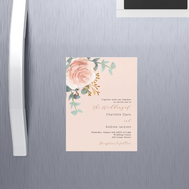 Invitación Magnética Oro rosa flores vegetación lujo boda melocotón (Subido por el creador)