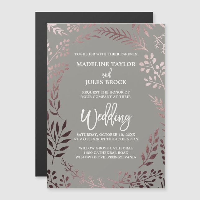 Invitación Magnética Oro y gris Rosa elegante | Boda de marco flojo (Anverso/Reverso)