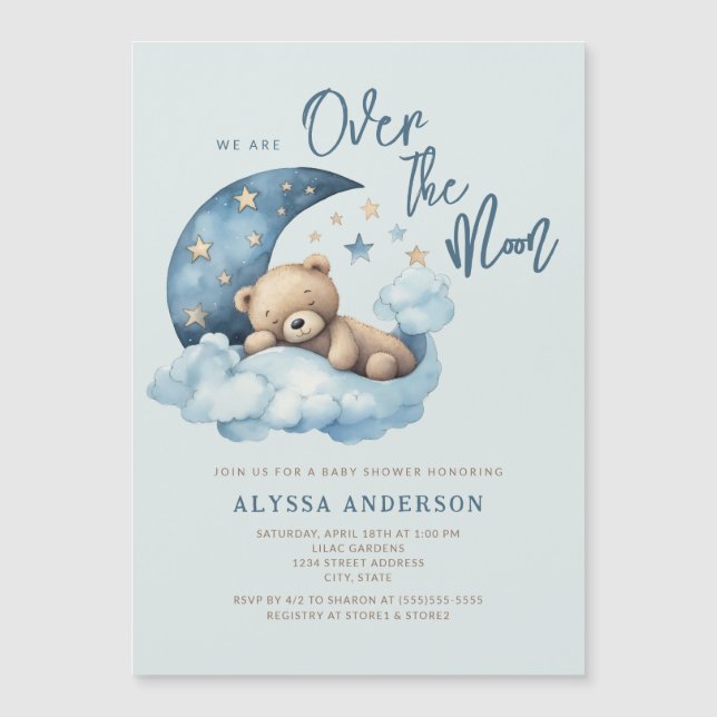 Invitación Magnética Oso de peluche sobre el Baby Shower de la luna (Anverso)