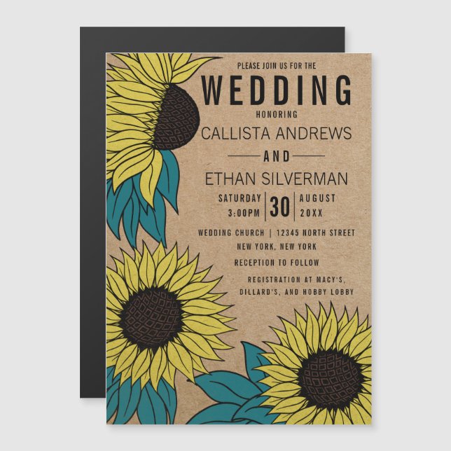 Invitación Magnética País Amarillo Verde azulado Sunflowers Kraft Boda (Anverso/Reverso)