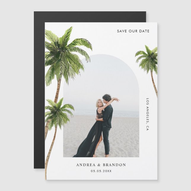 Invitación Magnética Palm Tree Tropical Arch Photo Destination Wedding (Anverso/Reverso)