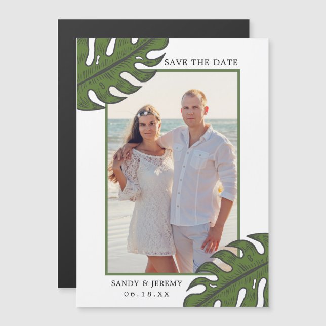 Invitación Magnética Palm tropical deja foto boda Guardar la fecha (Anverso/Reverso)