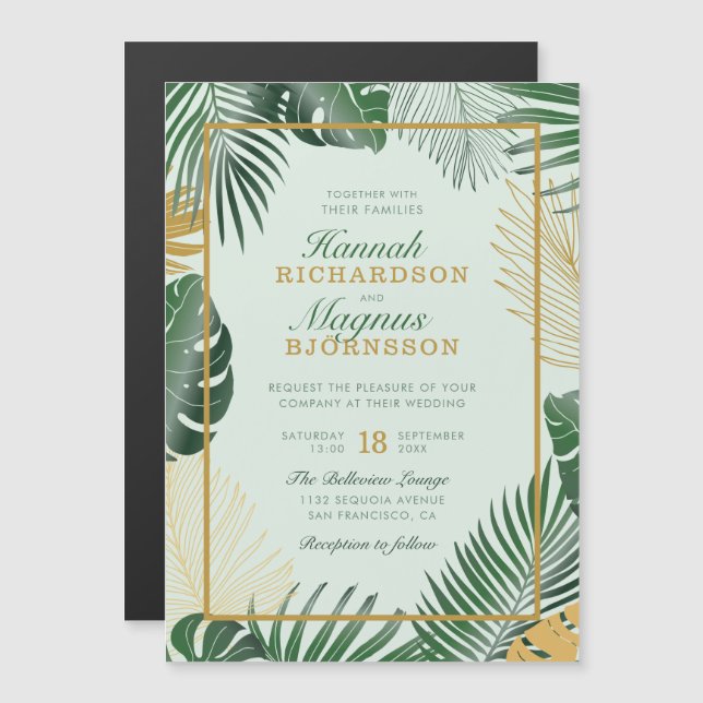 Invitación Magnética Palm tropical verde moderno deja a Boda de moda (Anverso/Reverso)