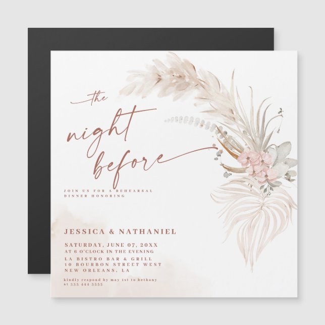 Invitación Magnética Pampas Grass Boho Floral La noche anterior (Anverso/Reverso)