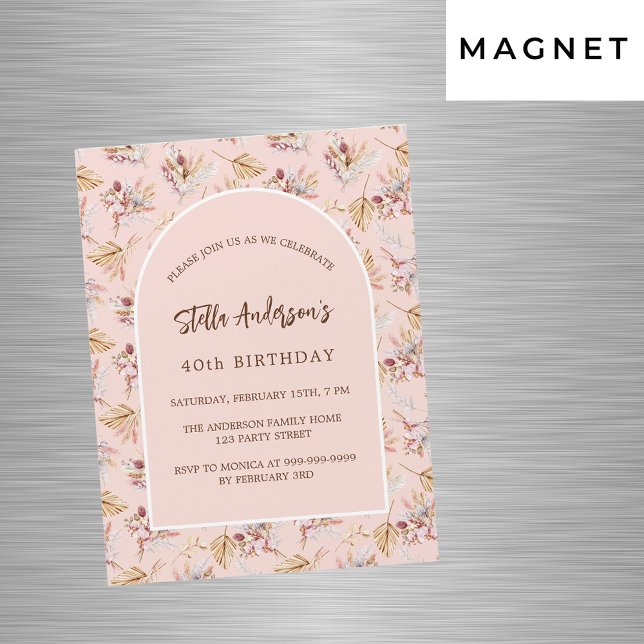 Invitación Magnética Pampas rosa floral oro de lujo cumpleaños (Subido por el creador)