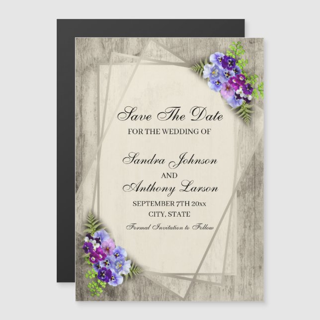 Invitación Magnética Pansies Rústicos Geométricos Ahorran La Fecha (Anverso/Reverso)