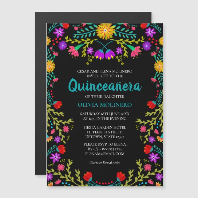 Invitación magnética para fiesta mejicana de quinc (Anverso/Reverso)
