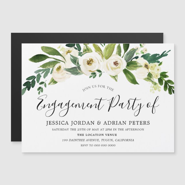 Invitación Magnética Partido de compromiso de flores blancas en flor (Anverso/Reverso)