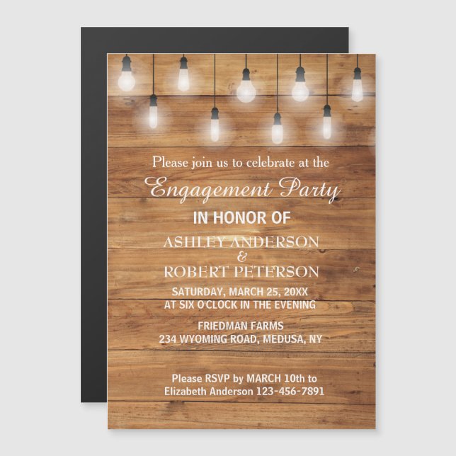 Invitación Magnética Partido de compromiso Rustic String Lights (Anverso/Reverso)