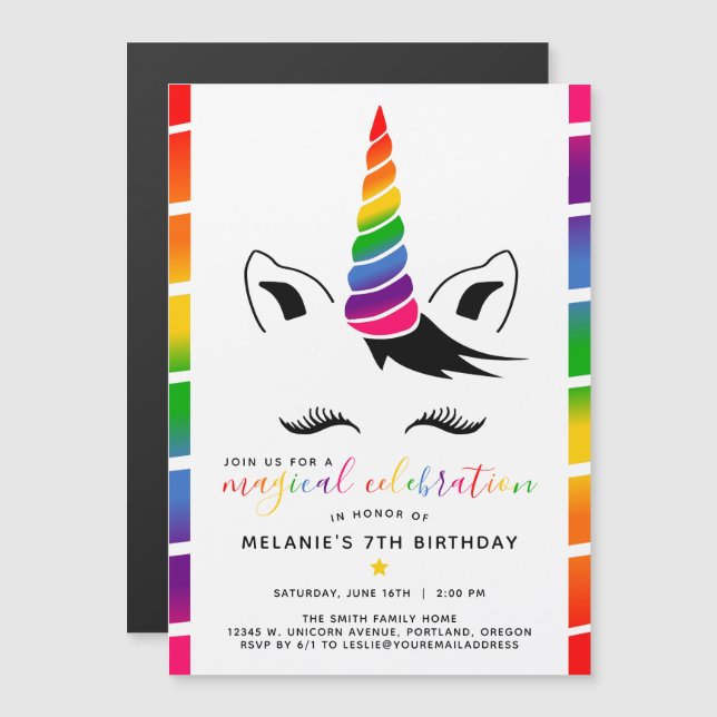 Invitación Magnética Partido de Cumpleaños Glam Rainbow Unicorn (Anverso/Reverso)