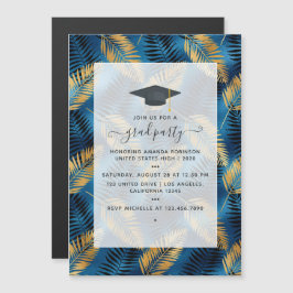 Invitación Magnética Partido de Graduación Exótica Tropical Azul y Oro