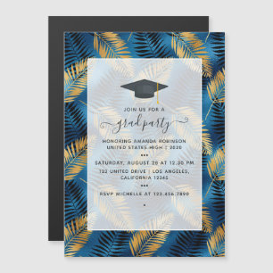 Invitación Magnética Partido de Graduación Exótica Tropical Azul y Oro