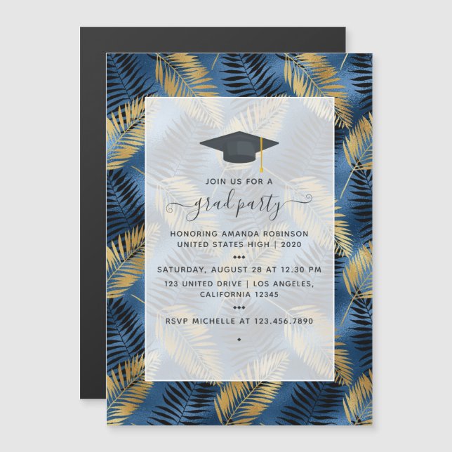 Invitación Magnética Partido de Graduación Exótica Tropical Azul y Oro (Anverso/Reverso)