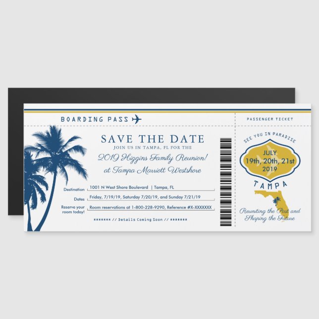 Invitación Magnética Pase de embarque Blue Palm Tree Gold Florida (Anverso/Reverso)