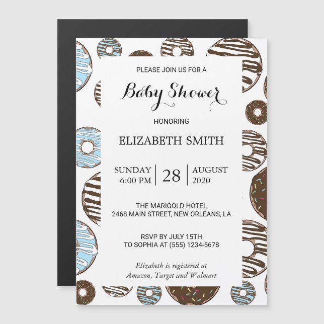Invitación Magnética Patrón De Donuts, Donuts Azules, Baby Shower (Anverso/Reverso)