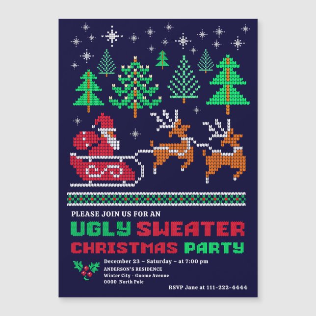Invitación Magnética Patrón de Navidad de punto Fiesta de Navidades sué (Anverso)