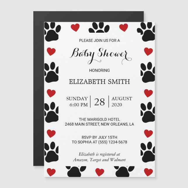 Invitación Magnética Patrón De Patas, Perros, Corazones Rojos, Baby Sho (Anverso/Reverso)
