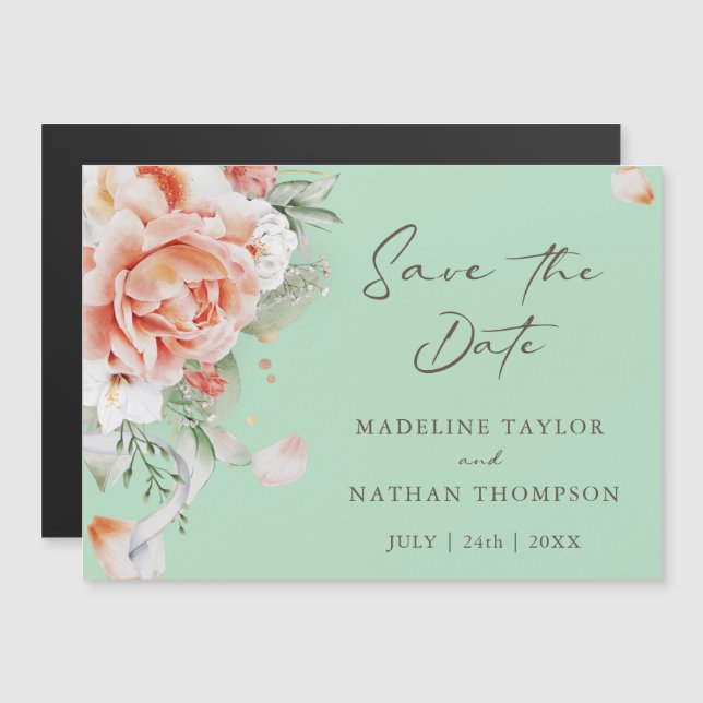 Invitación Magnética Peach Floral Save the Date (Anverso/Reverso)